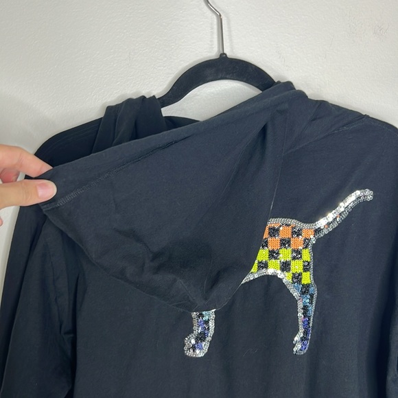 Victoria’s Secret PINK Rainbow Sequined Checkered Dog Hooded Tee size Large - Picture 11 of 15